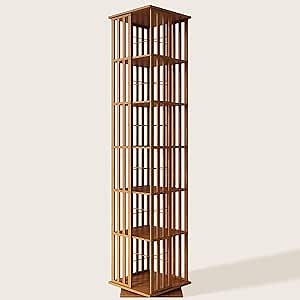 XIMN 360° Rotating Bamboo CD/DVD Shelf - 6-Tier Space-Saving Media Storage Cabinet for Movies, Organizer with Super Compact Design (Walnut, 6 Tier)