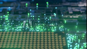 A computer processor with millions of connections and signals. Technology cpu background. Pulses and signals from the chip propagate through the motherboard. 3d animation