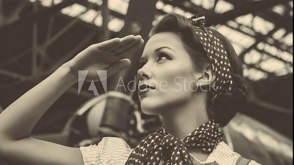 Patriotic 1940s pin-up woman saluting in front of a vintage airplane. Sepia-toned retro portrait honoring military service, evoking a sense of WWII era nostalgia.