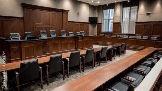 Medium shot of courtroom seating layout featuring rows of chairs and benches designed for optimal viewing and comfort during trials.