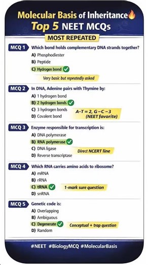 Molecular Basis of Inheritance 🔥 | Top 5 NEET MCQs | 100% Exam Sure ✅#neet2026