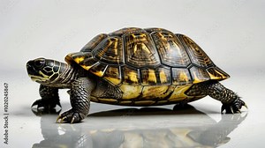 A close up of a turtle showcasing its detailed shell and natural behavior, highlighting themes of wildlife conservation and environmental awareness