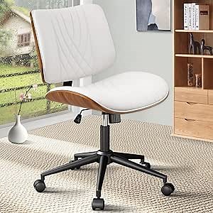 CLATINA Armless Home Office Chair, Desk Chair with Wheels, Adjustable Height Reading Chair, Leather Mid Back & Swivel Computer Chair, Modern Walnut Chairs with Back for Studio Meeting Room(White)