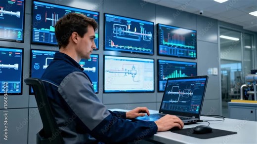 Mid shot of technician using advanced software to optimize gas flow enhancing system efficiency in a control room with multiple digital displays.