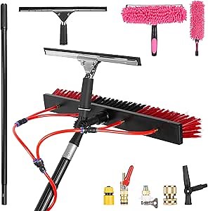 26ft Long Reach Solar Panel Cleaning Kit - Aluminum Extendable Water Fed Pole, 22in Wide Brush & Squeegee, Bendable Dusting Brush - Outdoor Window Washing Equipment Tool