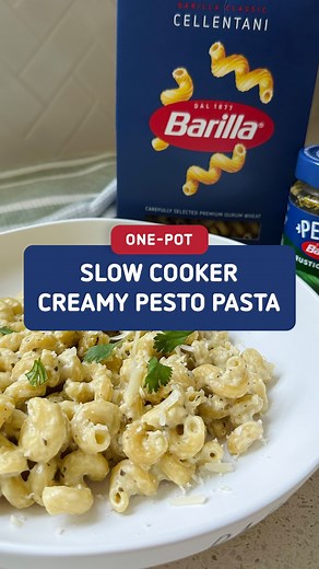Barilla US on Instagram: "A recipe so easy, you can even do it without putting the baby down! This cozy One-Pot Slow Cooker Creamy Pesto Pasta from @popp_of_inspo is the perfect example of minimal effort resulting in maximum taste. With an extra hand in the kitchen, what else are you getting done while you cook? Get the full recipe below. INGREDIENTS 1 box of Barilla Cellentani pasta 4 cups chicken broth 1 block cream cheese 3–4 tbsp of garlic, minced 3–4 tbsp of Barilla Rustic Basil Pesto 1 tbs