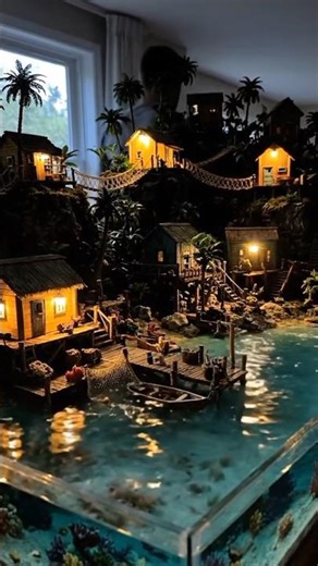 “Tiny Tropical Cliffside Village – Hyper Realistic Miniature World”