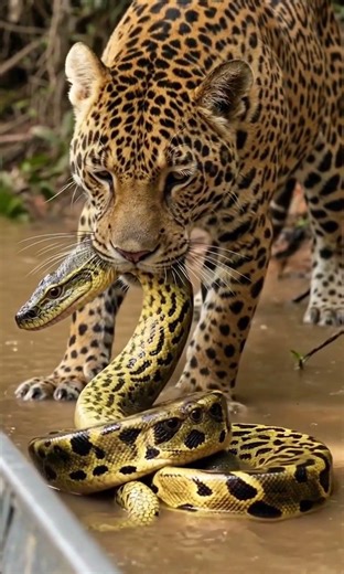 Jaguar caught python