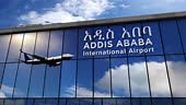 Jet aircraft landing at Addis Ababa, Ethiopia 3D rendering animation....