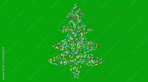 Falling color stars in the shape of christmas tree with green screen backgroud