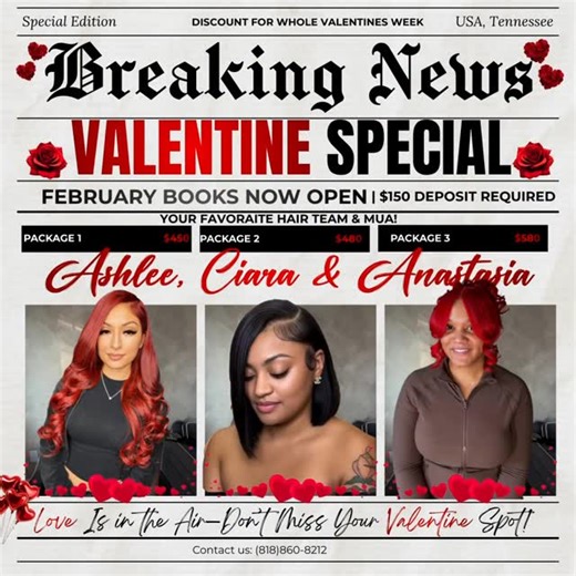 NASHVILLE HAIR STYLIST on Instagram: "💘 VALENTINE’S GLAM PACKAGES | FEB 9–14 💘 We are bringing you the ultimate Valentine’s glam experience with luxury head spa shampoo, full installs, and flawless makeup. ALL hair is included in every package — just bring yourself. Your glam team: ✨ @attractiveattachments ✨ @ci.thebeauty ✨ @byAnnastasia 💖 Package 1 – Updo Pin-Up Glam Head spa shampoo, install, makeup & updo pin-up $450 | Bring a friend: $420 💖 Package 2 – Bob Beauty Head spa shampoo, bob in