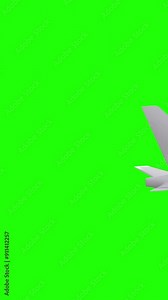 Green screen plane flying and deflecting.Passenger plane view from the side.Trip airplane vertical chroma key background.Great for travel,fly,vacations,aviation,transport,agency,fligh, tourism.