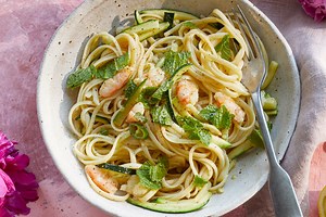 Prawn linguine with zucchini, anchovy, mint and chilli