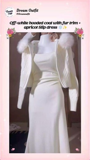 Off-white hooded coat with fur trim + apricot slip dress ❄️✨