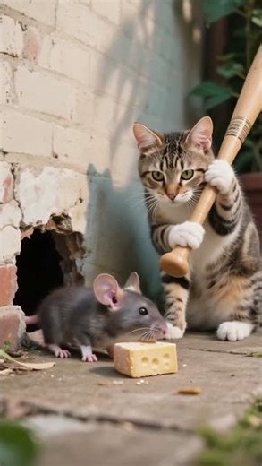 タビー猫はマウスがパンを食べるのを待っていた。#cat #mouse 🐱🐹🐱🐹