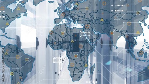 Server aisle hosting world map appearing, nodes popping up and connecting, visualizing data flow