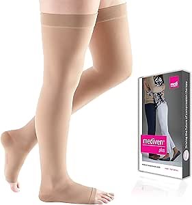 Amazon.com: mediven Plus for Men & Women, 30-40 mmHg – Open Toe, Thigh High Compression Stockings with Silicone Top Band , II, Beige : Health & Household