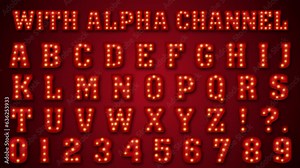 Looped broadway style retro light bulb font. Vintage alphabet letters and numbers. Isolated with alpha channel. Circus show signboard or casino gambling title or logo. Night club event promo. ProRes