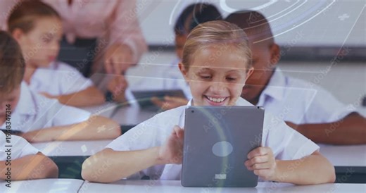 Center girl tapping tablet, completing classroom task, teacher assisting, circular overlays guiding