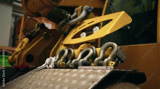 Close-up of multiple metal shackles mounted on a crane platform for securing heavy loads.