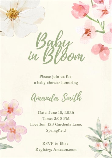 Baby Shower Invitation Printable | Editable Cherry Blossom Floral Canva Template | Watercolor Spring Girl Invites | Instant Digital Download - Etsy