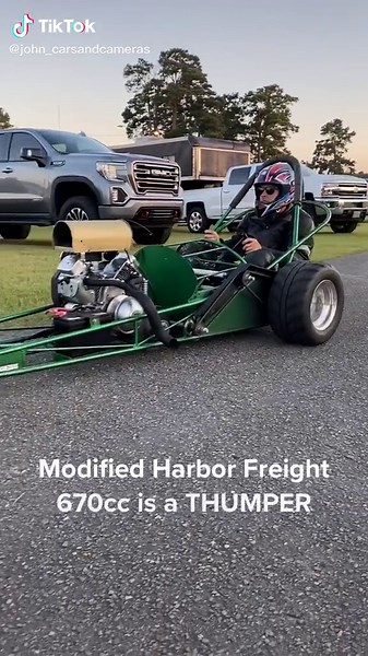 At the drag strip in our home made front engine drag rail powered by a modified Harbor Freight Predator 670cc V Twin. Guess the 1/8th mile ET