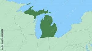 Map of Michigan with pin of country capital. Michigan Map with neighboring countries in green color.