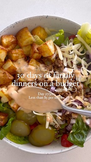 Nicole Maguire on Instagram: "Loaded Burger Bowls by @simple.home.edit This is 30 days of family dinners on a budget. We are up to day 27 and I’m making these quick and easy loaded burger bowls. Yes, it’s a burger in a bowl, wrong in concept, 😂but so delicious to eat! This meal is less than $5 per serve and aside from the fact I’m saving money by not eating out, I love the fact that I know exactly what is in these. The sauce with this is another level and everything can be prepared in advance. 