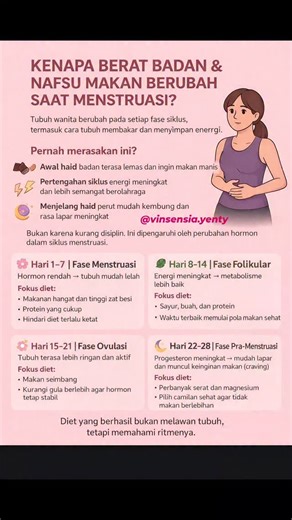 Yenty| Bimbel Pola Makan Sehat Dari Rumah on Instagram: "Kadang bukan karena kamu gagal diet… tapi karena tubuhmu sedang berubah.⁣ ⁣ Pernah merasa begini?⁣ ⁣ Awal haid badan lemas, bawaannya ingin makan manis.⁣ Pertengahan bulan tiba-tiba lebih semangat olahraga.⁣ Lalu menjelang haid… perut kembung, lapar terus, dan timbangan naik.⁣ ⁣ Akhirnya menyalahkan diri sendiri.⁣ Merasa kurang disiplin.⁣ Merasa diet selalu gagal.⁣ ⁣ Padahal kenyataannya, tubuh wanita memang berubah setiap fase siklus mens