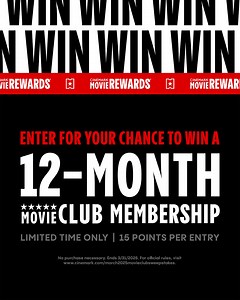 🚨 ENDS TOMORROW 🚨Cinemark Movie Rewards members! Enter up to 10 times for your chance to win a 12-month Movie Club membership. Enter here: cur.lt/mbxdyertk | Cinemark