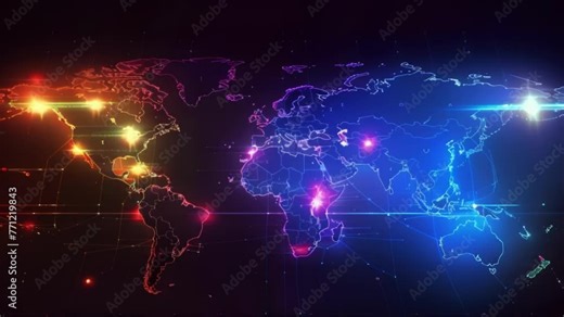 Explore an interactive map of the world as colored lights showcase different regions and countries.