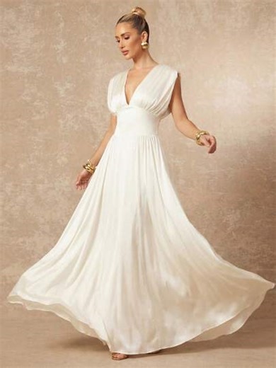 Lumalex Spring Summer Satin Shiny Deep V-Neck Ruched Waist Asymmetrical Maxi Flare Dress With Sash For Women Perfect For Summer, Spring-Break Trips, Cruises, Beach Weekends, Vacations, Parties, Date Nights, Weddings, Proms, Banquets, Birthdays, Carnivals, Festivals And Other Holiday Events. Neo-Girly Charm, Boho-Casual Flair, Quiet Luxury, Business Chic, And Relaxed Vacay A Richly Layered, Glitter-Accented Style For Luxury Proms, Receptions, Banquets, Weddings, Raves, Festivals, Holiday Gatherin