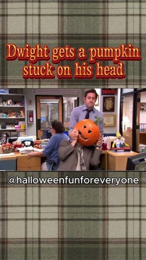 The Office Dwight tries to scare everyone with a giant pumpkin he puts on his head, it gets stuck
