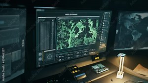 Modern military software tracking target position. Military tracking system searching the target at the designated area. Military tracking radar identifying the exact target location on battlefield