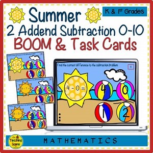 Summer Subtraction Facts 0-10 BOOM & Task Cards Digital Resource
