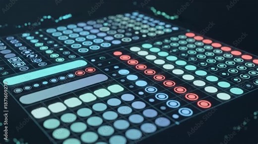 Top view of animated UI node grid – abstract geometric circles and squares for interface, app and startup style visuals