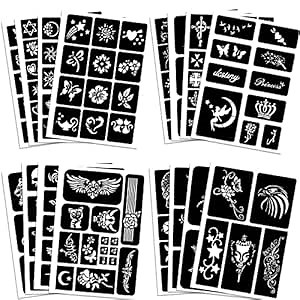 Qpout Tattoo Stencils for Kids and Adults - 16 Sheets Henna Kit With Small and Big Designs for Real Tattoos - Skeleton, Spider, Owl, Flower, Butterfly, Tribal, Totem