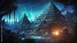 lost city ruins at night with ancient artifact. cartoon anime illustration concept. seamless looping overlay 4k virtual video animation background