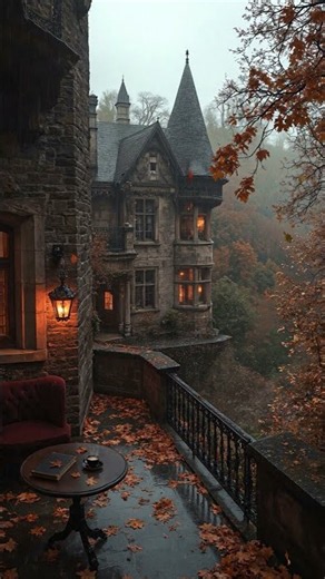 Rainbound Gothic Manor Balcony in Autumn for Deep Study | Dark Academia