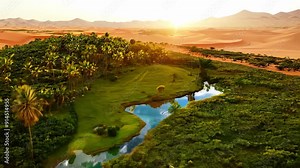 The video captures a stunning oasis nestled amid vast desert dunes, highlighted by lush greenery and palm trees. As the sun sets, the warm colors create a captivating atmosphere, showcasing the beauty