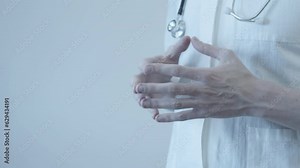 Close-up of male medicine doctor hands showing copy space for product or text. Hand gestures. The doctor communicates with the patient. White robe. Diagnosis.