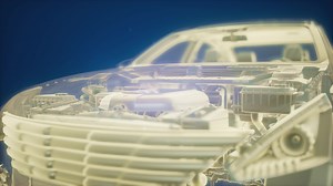 Holographic animation of 3D wireframe car model with engine
