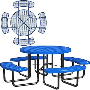 Leisure Craft Metal Picnic Table with Bench - 46" Round Outdoor Dining Table for 8 with Umbrella Hole, Weatherproof Heavy Duty Thermoplastic Coating, Commercial Grade Furniture Made in USA - Blue