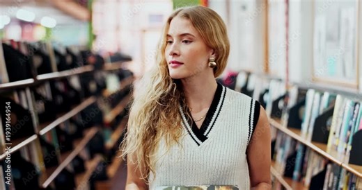 Student, girl and library for search book for reading, learning and information for knowledge. Bookshelf, female reader and education resources for homework, assignment and literature for research