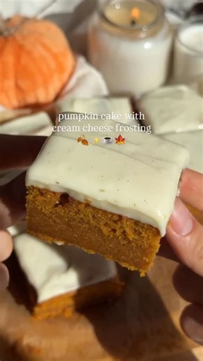 ✨Pumpkin Cake with Cream Cheese Frosting (Vegan)✨ This cake is fluffy, perfectly spiced and topped with the most luxirious and silky vegan cream cheese frosting. It is the perfect easy cajke to make for fall! ✨Cake Ingredients 2 cups all-purpose flour (240g) 1 cup granulated sugar (200g) 2 tsp baking powder 1/2 tsp baking soda 2 tsp cinnamon 1/2 tsp nutmeg 1/4 tsp salt 1 ½ cup pumpkin puree 1/2 cup dairy-free milk 1 tbsp apple cider vinegar ½ cup neutral oil (I used canola) 2 tsp vanilla extract
