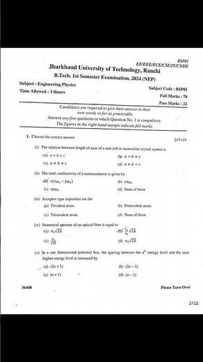 JUT Engineering Physics PYQ 2024 (1st Sem) 📝 #JUT #BTech |🔥 #EduSpark #btech1styear