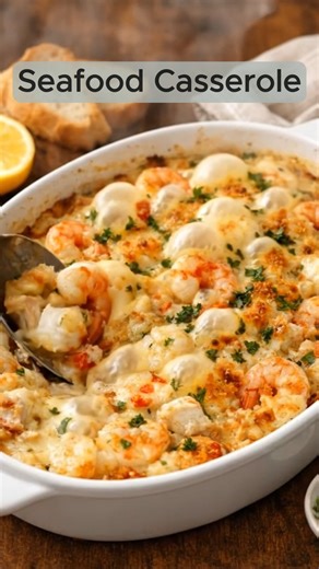 Seafood Casserole with Shrimp, Scallops & Crab (Creamy Style) Rich, comforting, cheesy, and full of tender seafood — perfect for a family dinner or a special occasion! Ingredients 1 lb shrimp (peeled & deveined) 1 lb sea scallops 1 cup lump crab meat 3 tbsp butter 1 small onion, finely diced 2 cloves garlic, minced 1 cup heavy cream 1 cup milk 1 cup shredded mozzarella or Monterey Jack ½ cup grated Parmesan 1 tsp Old Bay seasoning ½ tsp paprika Salt & black pepper to taste 1 tbsp lemon juice 1 c