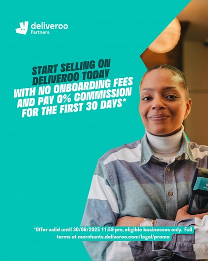 Join Deliveroo today, with no onboarding fee and pay 0% commission for your first 30 days. Terms apply* | Deliveroo