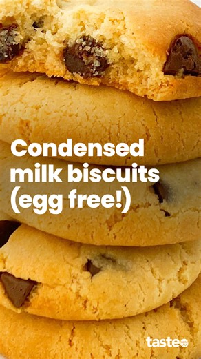 Put the eggs away: these delicious chewy bikkies are made with a can of condensed milk and 4 other ingredients (no eggs needed!). 🍪 For the recipe, Google 'Taste easy choc-chip condensed milk biscuits'.⁣ | Taste.com.au