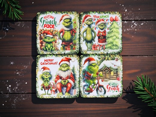 Grinch Christmas Coaster Set | Holiday Decor, Funny Grinch Artwork, 4 Piece Drink Coaster Collection - Etsy